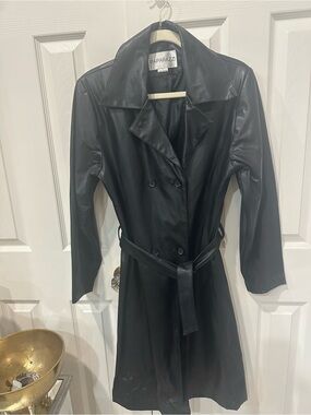 paparazzi Black Faux Leather Double-Breasted Trench Coat with Waist Tie
